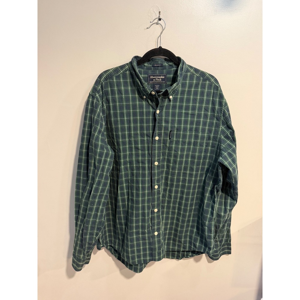 Abercrombie &‎ Fitch Mens Muscle Fit Plaid Button Down Shirt Green Blue XL 1218